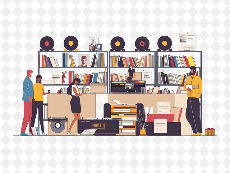 PSD coleccionista de discos nostálgicos con personajes que compran y venden personas de png en la ilustración del trabajo diario