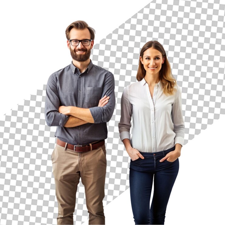 PSD colegas homem e mulher apoiados um no outro e sorrindo