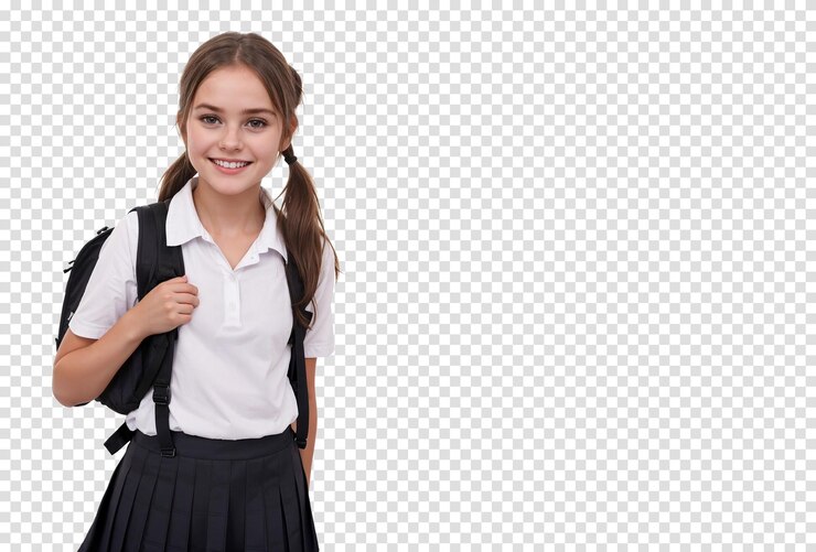 PSD colegiala feliz con mochila mirando a la cámara aislada sobre fondo transparente