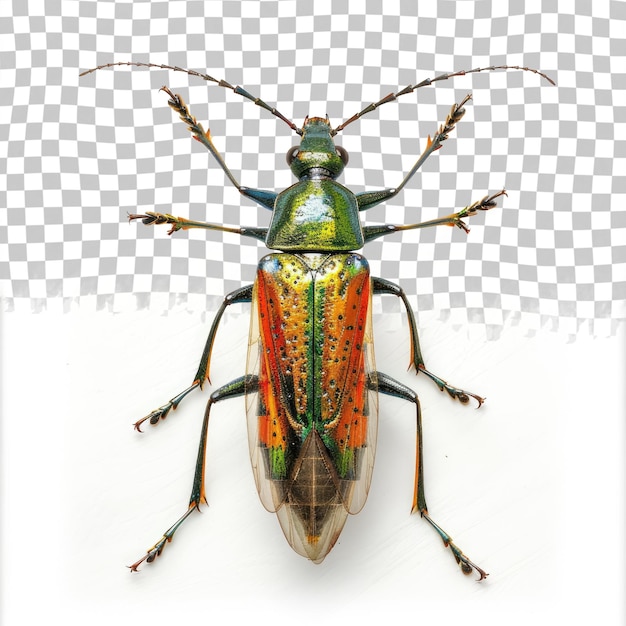 PSD un coléoptère avec un corps vert et orange et un fond noir et blanc