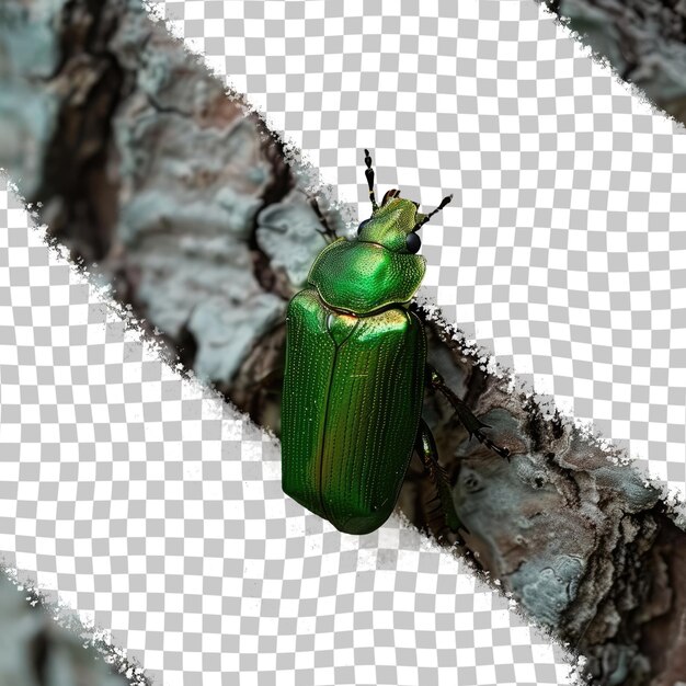 PSD un coléoptère vert est sur une branche et est montré dans une photo