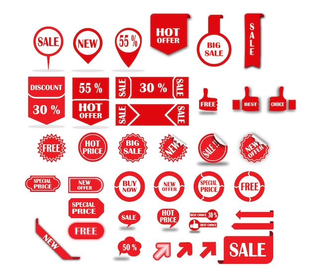 Coleta de rótulos e crachás vermelhos de venda e promoção