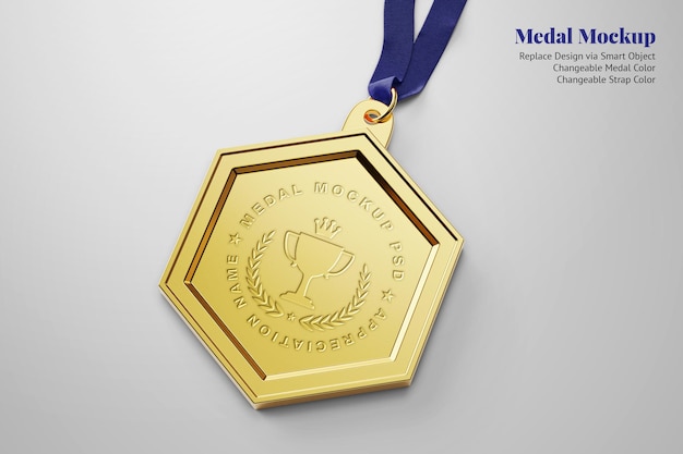 PSD colgante de medalla de oro elegante con forma hexagonal de seis lados con correa vista superior de maqueta realista