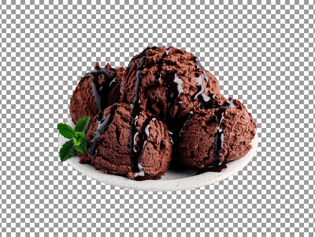 Colheres de sorvete de chocolate fresco em um prato branco com fundo transparente