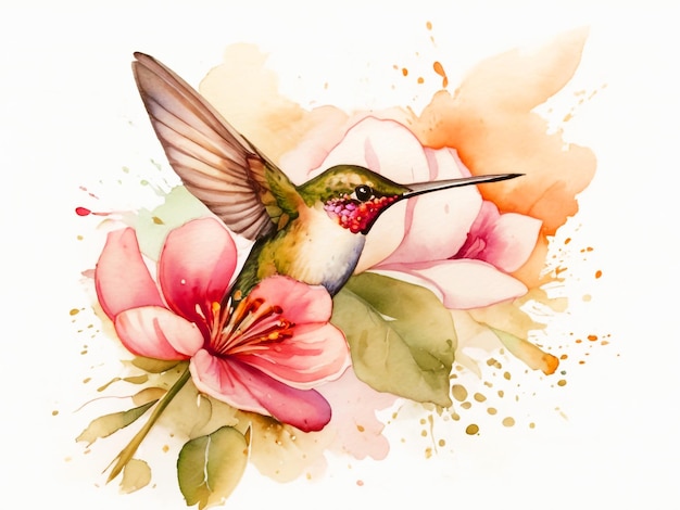 PSD le colibri à l'aquarelle vole sur la fleur