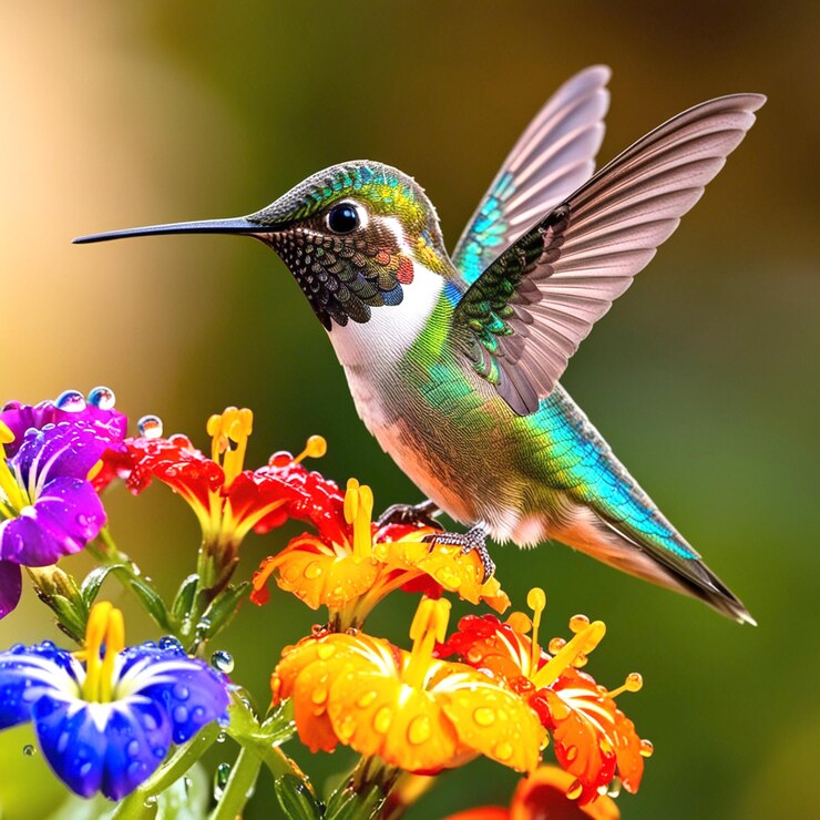 PSD un colibrí se sienta en una flor con flores coloridas