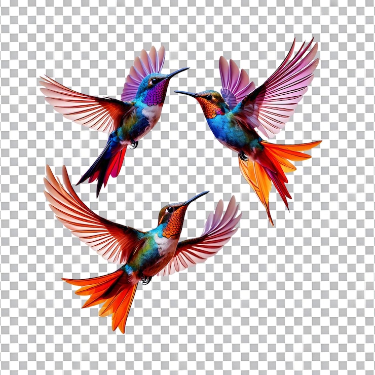 PSD colibríes de colores volando juntos con plumas vibrantes