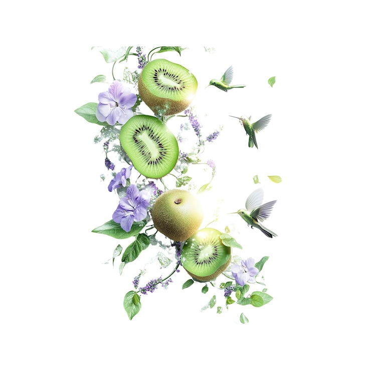 PSD los colibríes y las flores del kiwi son una vibrante composición primaveral