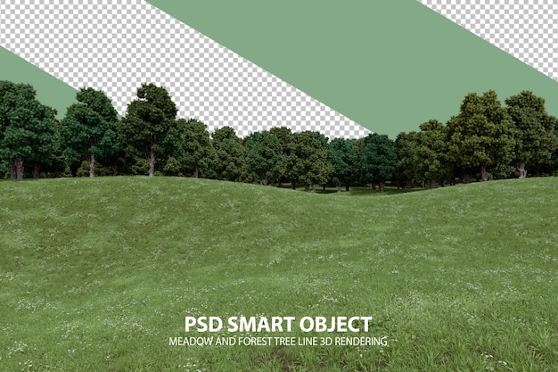 Colina de hierba realista y línea de árboles forestales Representación 3d de objetos aislados