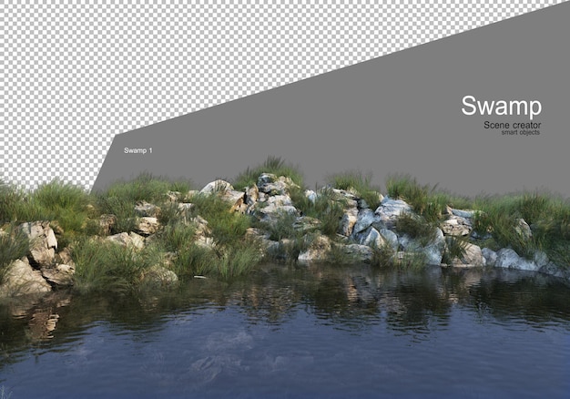 Colina rochosa na renderização do lago