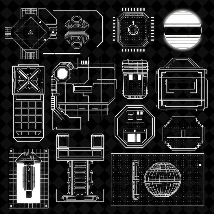 PSD un collage en blanco y negro de diferentes imágenes de dispositivos electrónicos