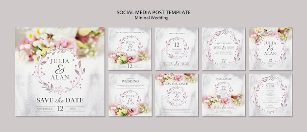 Collage der minimalen Hochzeitssocial media-Beitragsmit blumenschablone