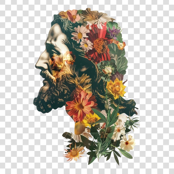PSD collage di fiori png collaggio di fiori a disegno di gesù