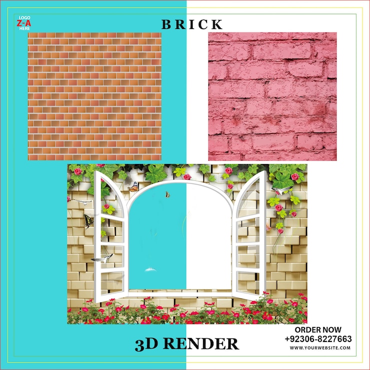 PSD un collage de imágenes de una casa de ladrillos con una pared de ladrillo y una pared de ladrillo