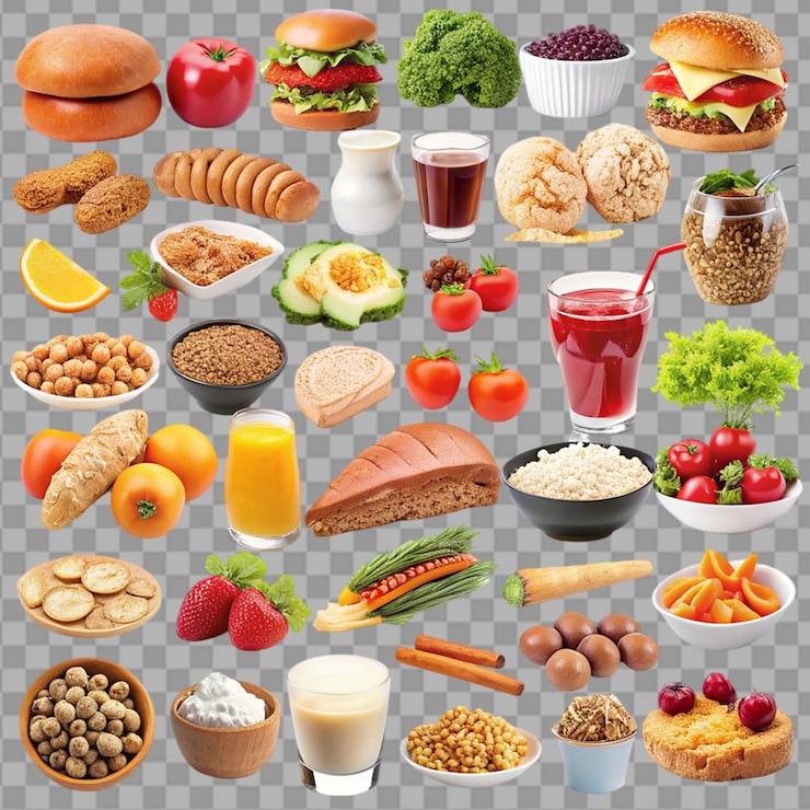 PSD collage de productos alimenticios sobre un fondo transparente