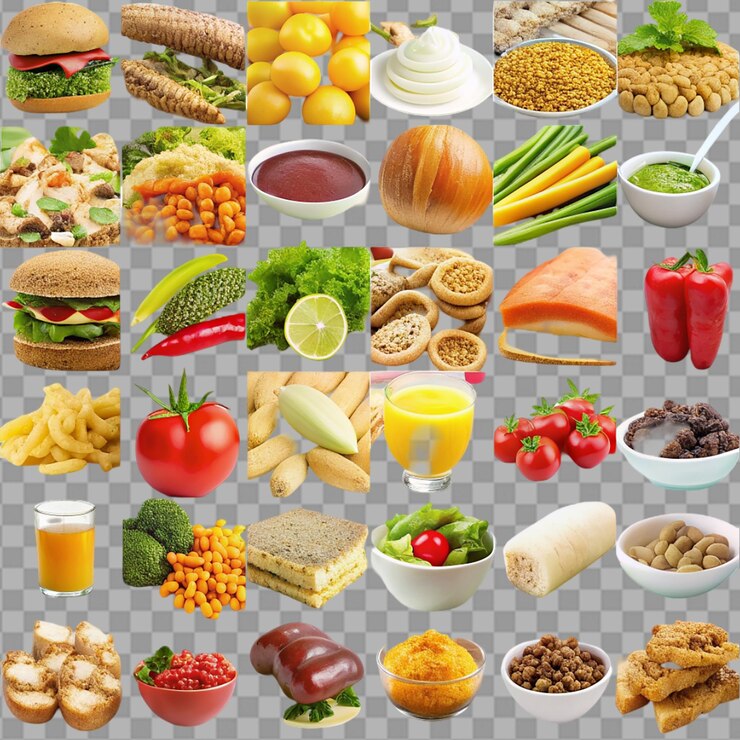 PSD collage de productos alimenticios sobre un fondo transparente
