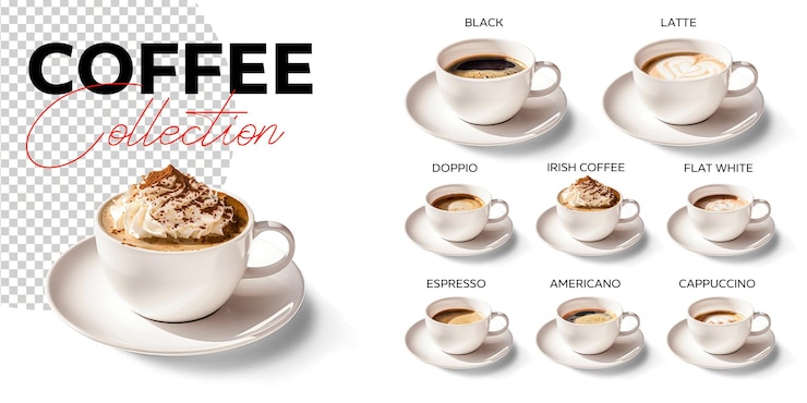 PSD collage en psd de taza de café negro tardío doppio espresso plano irlandés capuchino amricano
