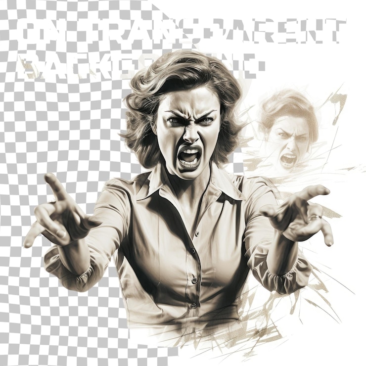 PSD collaje 3d boceto retro imagen de una mujer enojada furiosa haciendo preguntas serias aislada transparente co