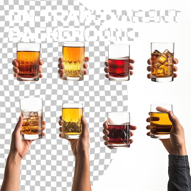 PSD collaje de manos masculinas sosteniendo diferentes vasos de alcohol aislados sobre un fondo transparente