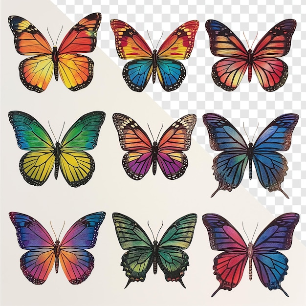 Collaje de mariposas arco iris con fondo transparente