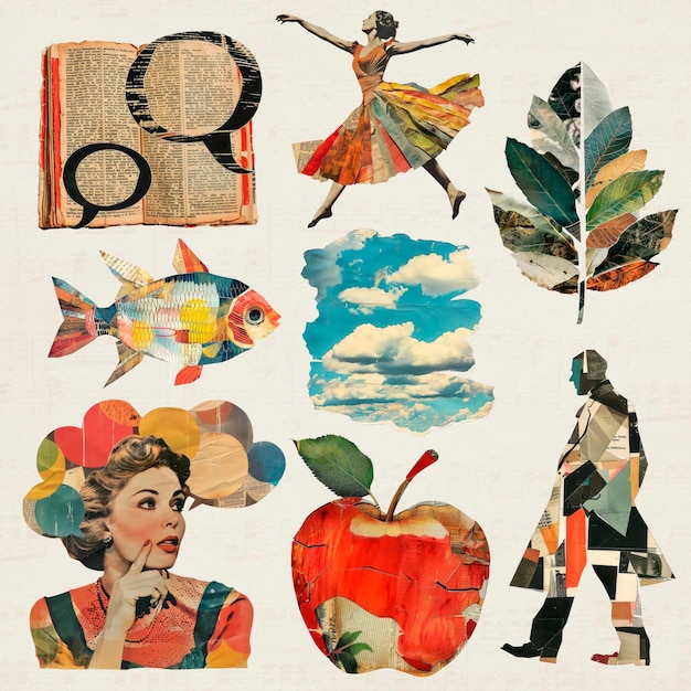 Collaje vintage con diversos elementos de diseño