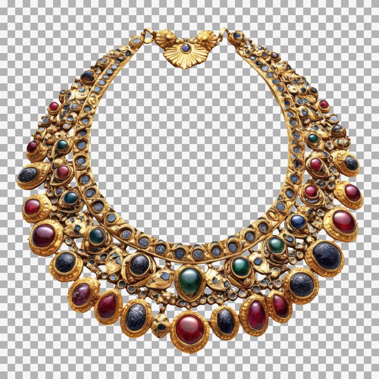 PSD collar de oro en el estilo tradicional indio con diseños intrincados y piedras preciosas en un fondo transparente
