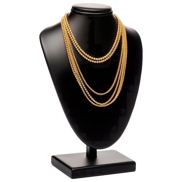 Collar de oro en el stand de exhibición Elegante joyería Fotografía aislada sobre fondo blanco
