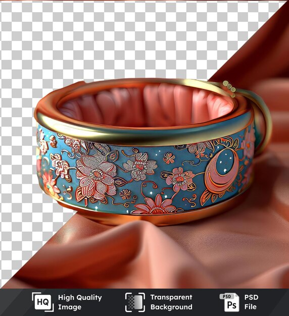 collares de mascotas con temas de ramadán con flores rosas y una copa azul en un paño rosado