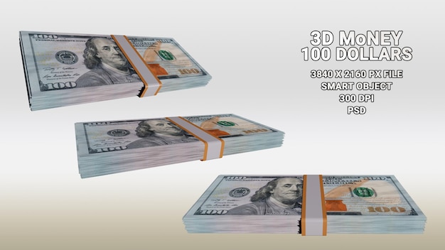 Collection de 100 dollars - 3 piles isolées de billets de 100 dollars