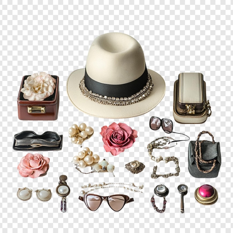 PSD collection d'accessoires de mode vintage chapeau élégant bijoux à perles lunettes de soleil et sacs jolies roses
