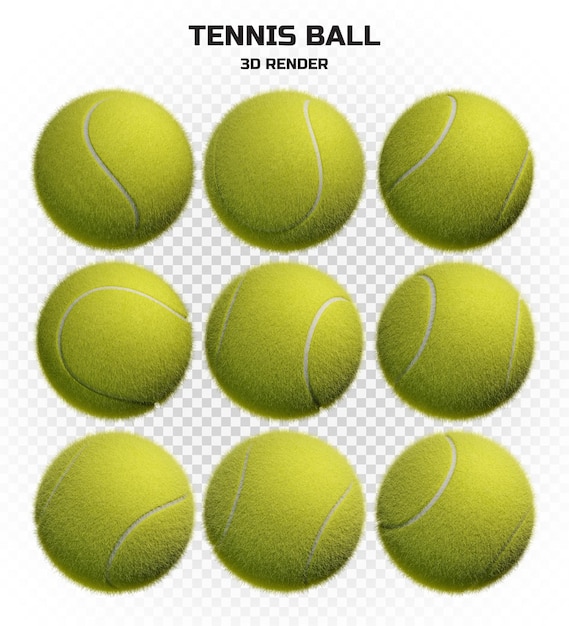 PSD collection de balle de tennis de rendu 3d réaliste en haute résolution avec de nombreuses perspectives