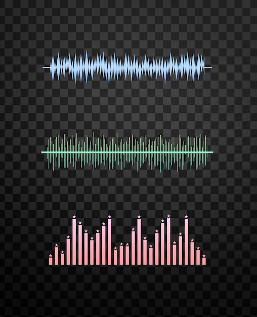Collection colorée de trois ondes sonores abstraites sur un fond transparent
