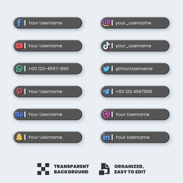 PSD collection de conception de modèles tiers inférieurs de médias sociaux 3d