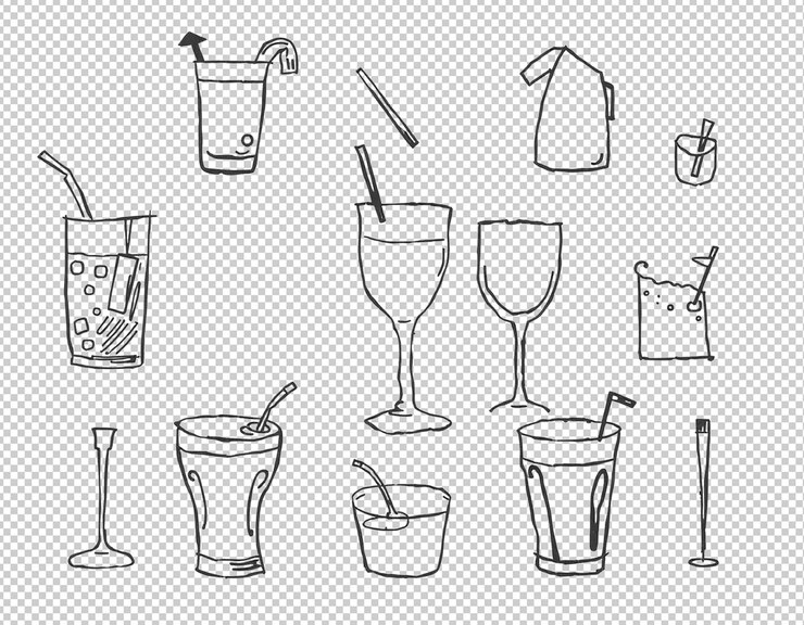 PSD une collection de croquis de différentes boissons et boissons