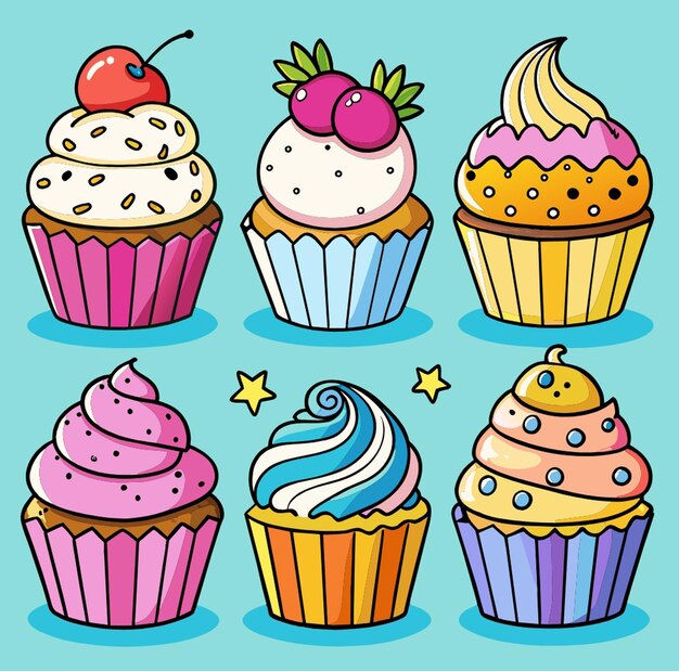 Une Collection De Cupcakes Avec Du Glaçage Coloré Et Une Fraise Sur Le Dessus