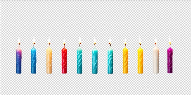 PSD collection de différentes formes et motifs de couleurs de bougies d'anniversaire brûlant en rangées ai generative
