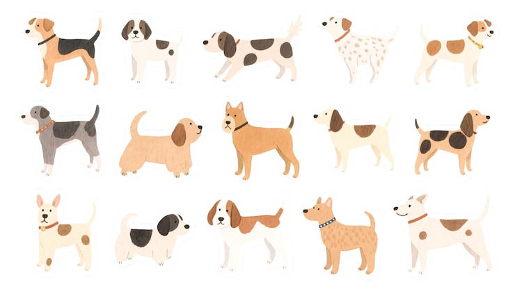 PSD collection de différentes races de chiens dans un style plat