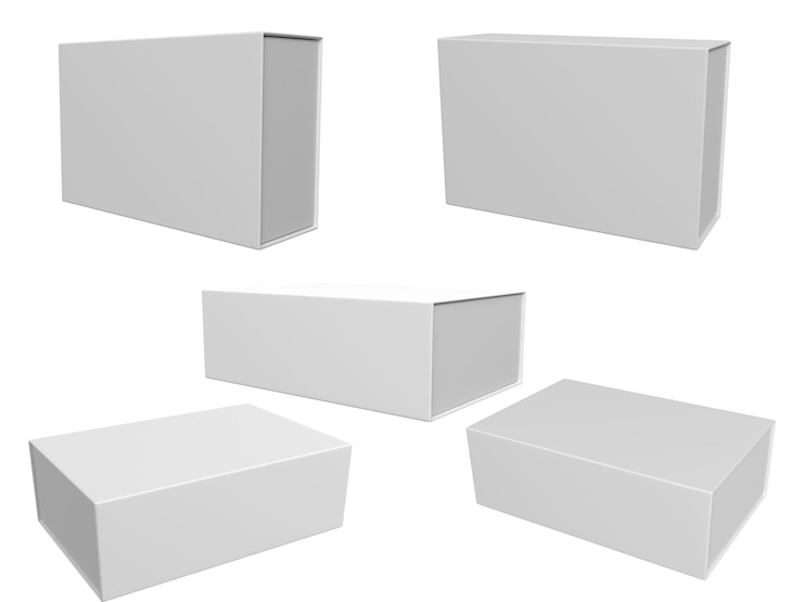 PSD collection de différents angles de boîtes d'emballage en blanc