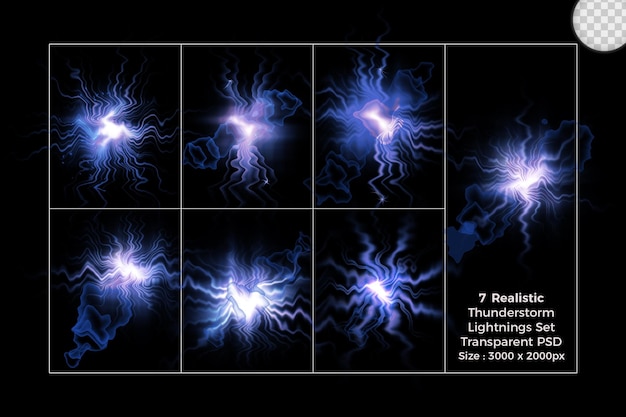 PSD collection d'éclairs réalistes d'éclairs isolés sur un ensemble transparent