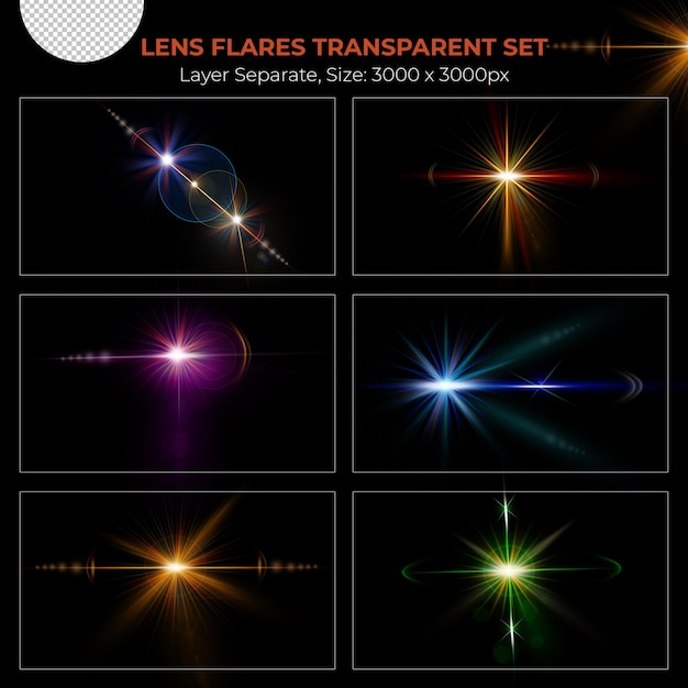 PSD collection d'effets de lumières flare de lentilles colorées réalistes