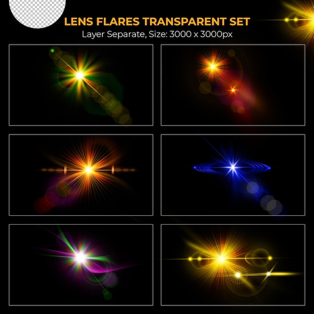 PSD collection d'effets de lumières flare de lentilles colorées réalistes