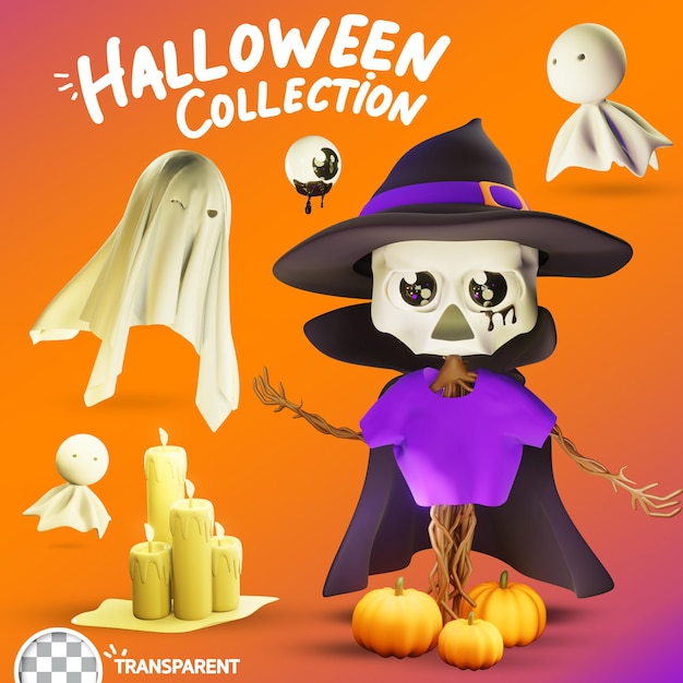 PSD collection halloween 3d avec fantôme et épouvantail