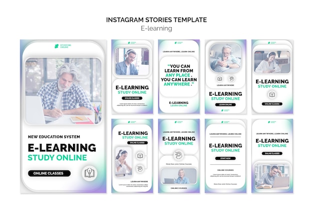 Collection d'histoires instagram d'apprentissage en ligne avec un design dégradé