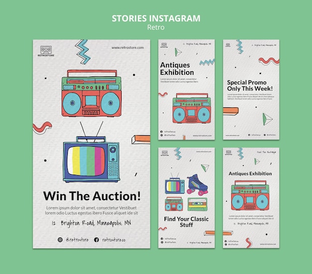 PSD collection d'histoires instagram avec des articles rétro