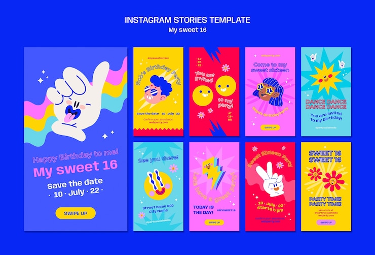 PSD collection d'histoires instagram de célébration sweet 16