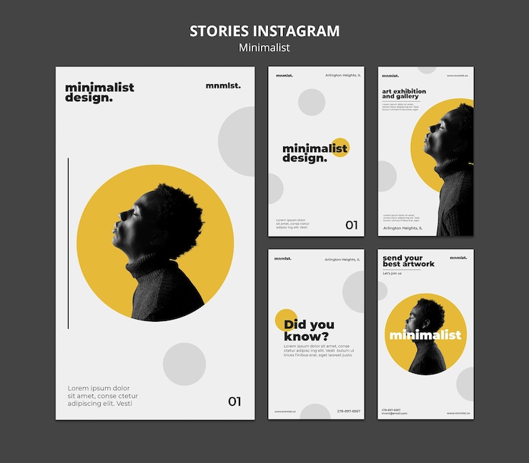 PSD collection d'histoires instagram dans un style minimal pour galerie d'art avec homme