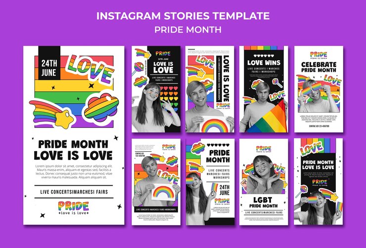 PSD collection d'histoires instagram du mois de la fierté aux couleurs de l'arc-en-ciel