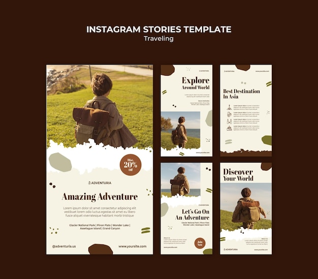 PSD collection d'histoires instagram avec un enfant voyageant en sac à dos