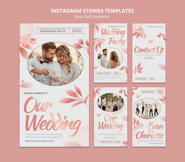 Collection d'histoires instagram d'invitation de mariage en or rose avec des feuilles
