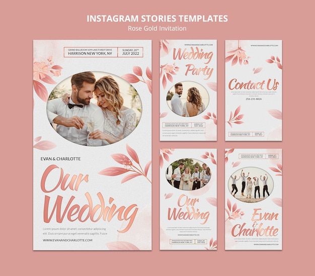 Collection D'histoires Instagram D'invitation De Mariage En Or Rose Avec Des Feuilles